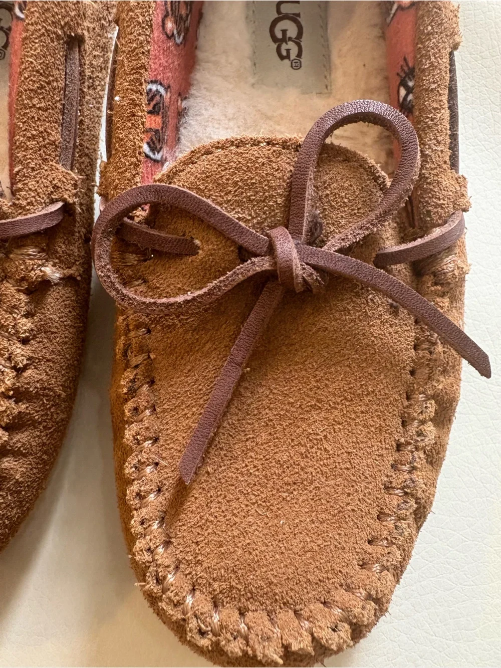 UGG Kids Chestnut Suede Moccasin Slippers with Bow